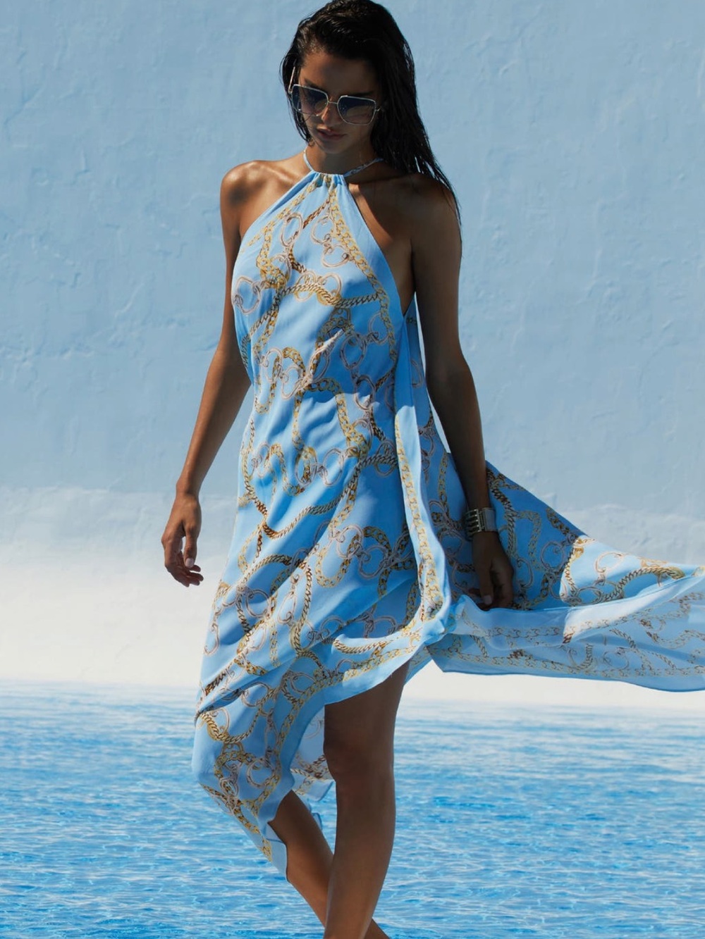 L'AGENCE Light Blue and Gold Chain-Print Halter Swim Coverup